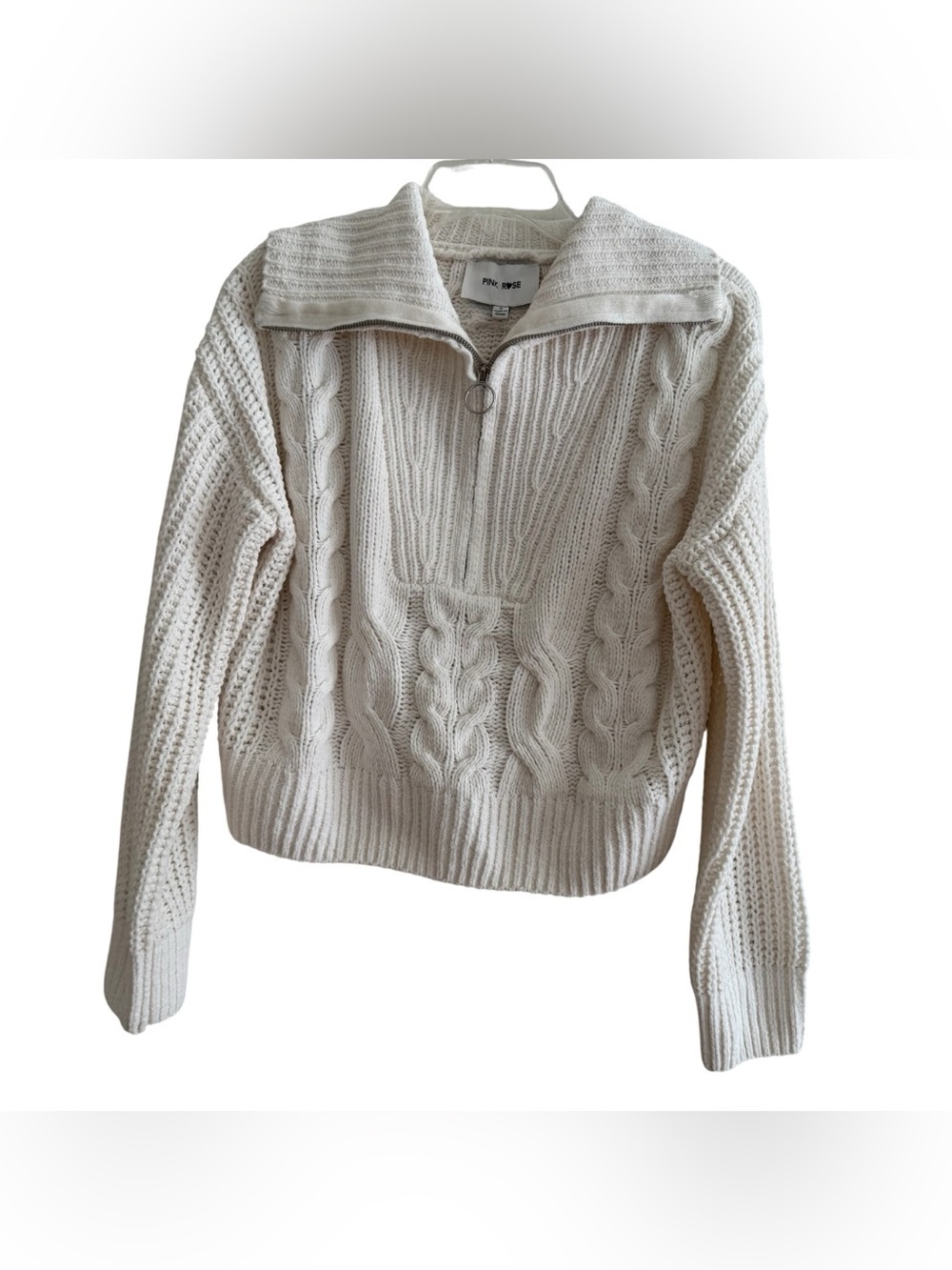Pink Rose Cable Chunky Knit Blizzard White Knit 1/4 Zip Sweater Cropped M